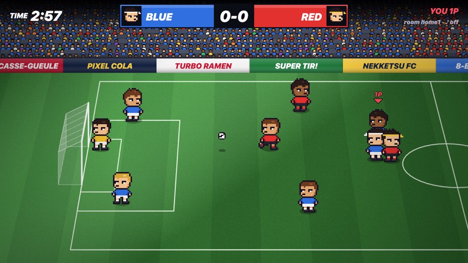 Classic Canvas2D client: pixel players on a pseudo-3D pitch in front of packed stands