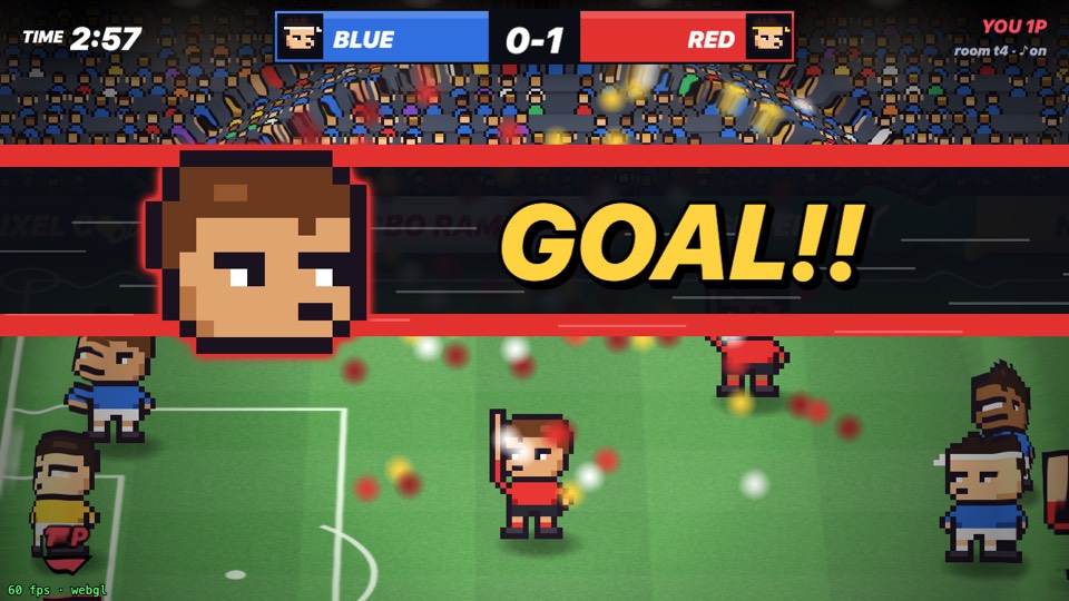 PixiJS client: GOAL!! cut-in with a big pixel portrait over confetti