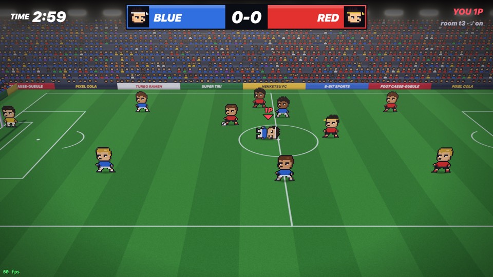 Three.js client: a lit 3D stadium with thousands of fans and pixel-art players
